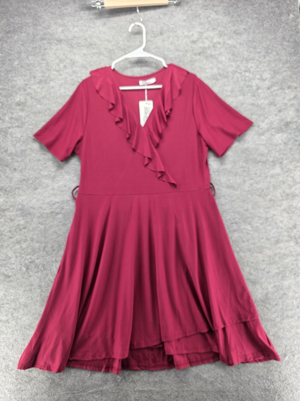 Meaneor Dress Womens XL Red Fit & Flare Hi-Low V-Neck Short Sleeve Belted Ruffle